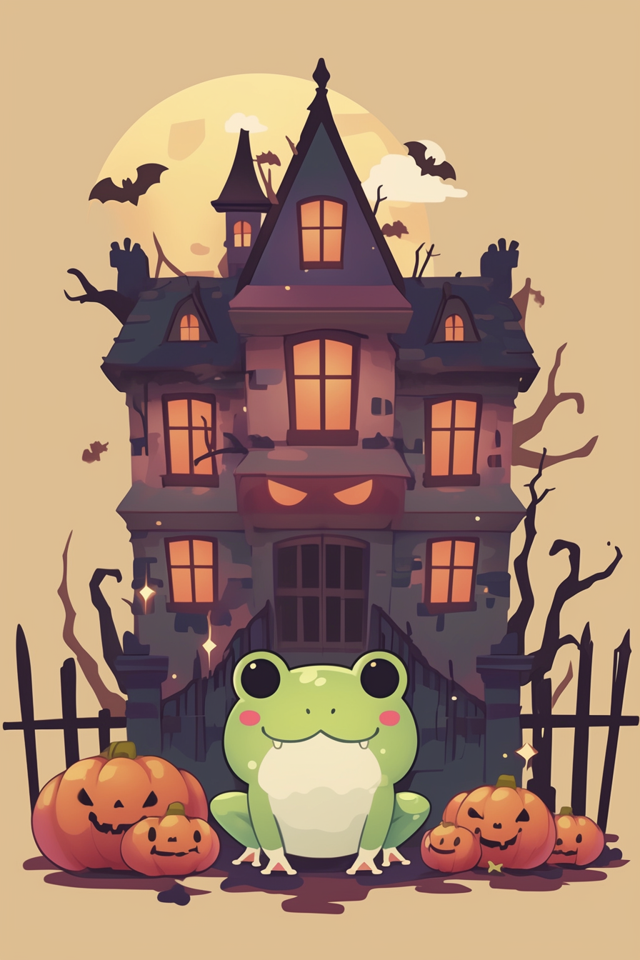 halloween frog drawing ideas 2 featuring a cute frog sitting cheerfully in front of a spooky haunted house, surrounded by glowing jack-o-lanterns and silhouetted bats flying under a full moon.